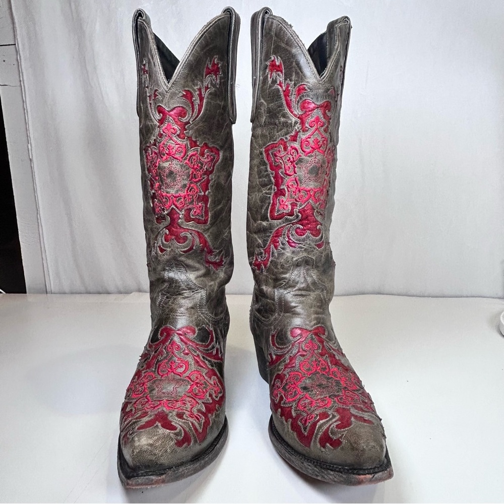Lane Women’s Lexington Snip-Toe Western Cowboy Boots Red Leather Inlays Size 8.5